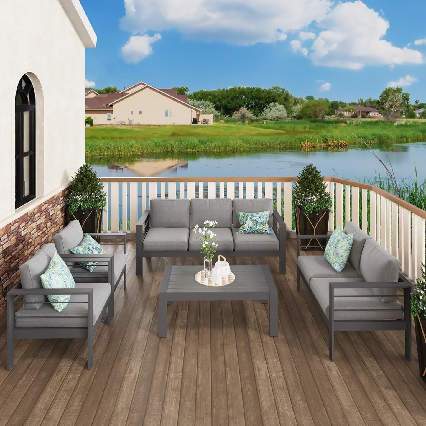 Aluminum Patio Furniture Set Seven Seat Outdoor Conversation Grey