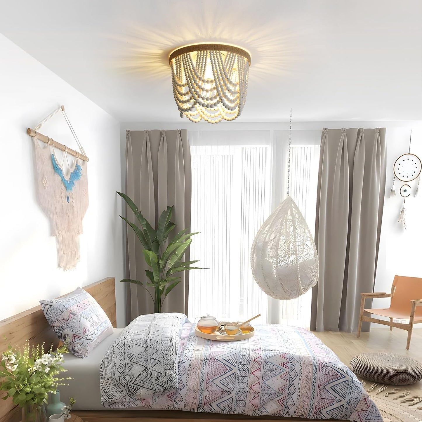 Three Light White Wood Bead Bohemian Chandelier Handmade
