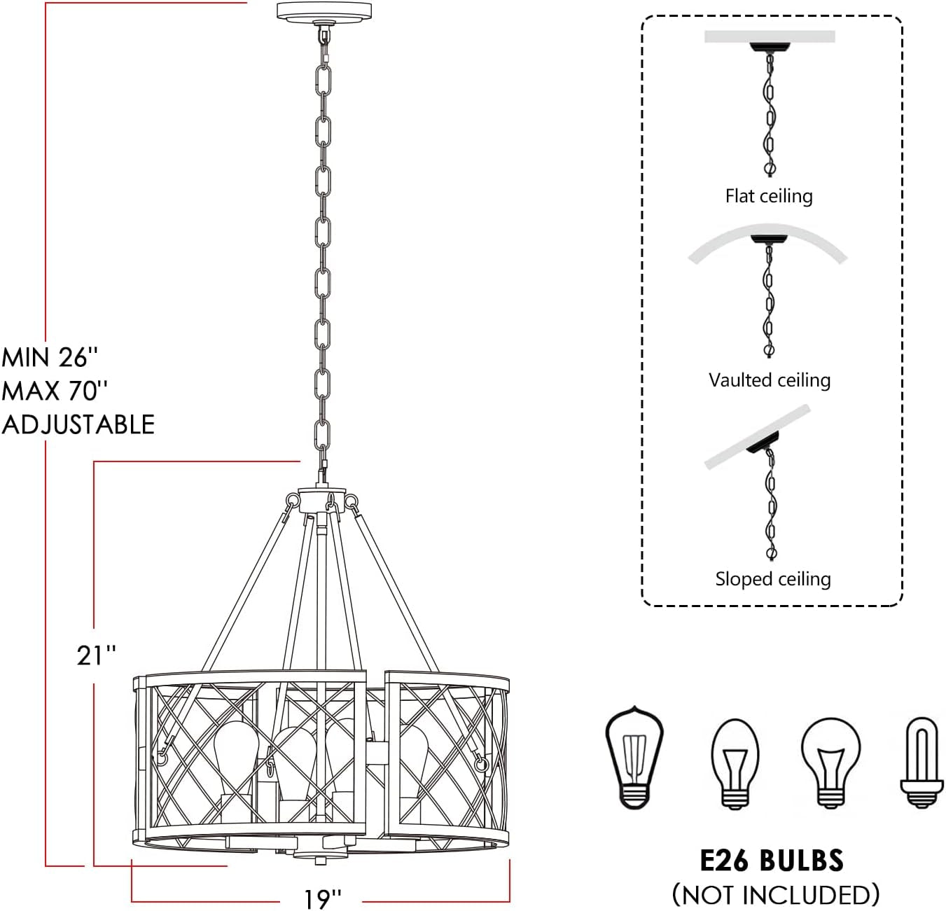 19 Inch Farmhouse Chandelier 4 Light Pendant Black Oak