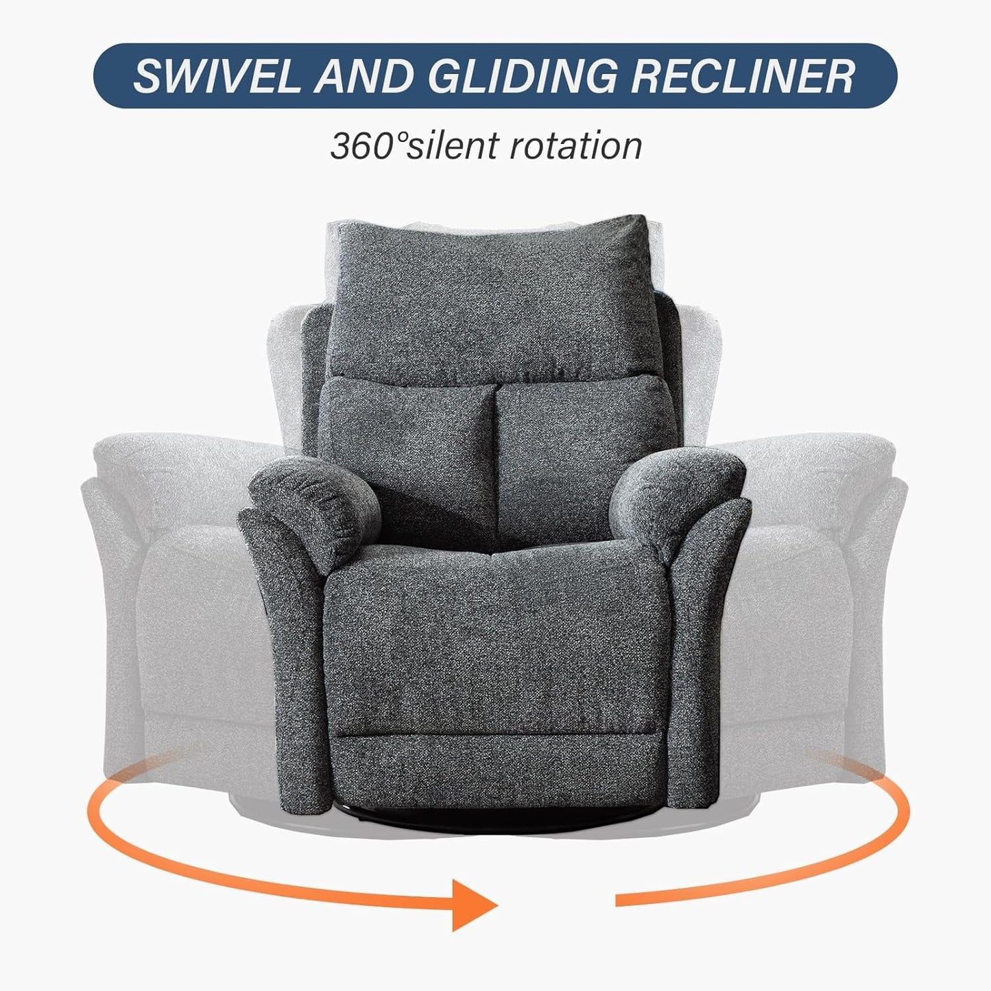 Swivel Rocker Recliner Chair Gray Fabric For Small Spaces