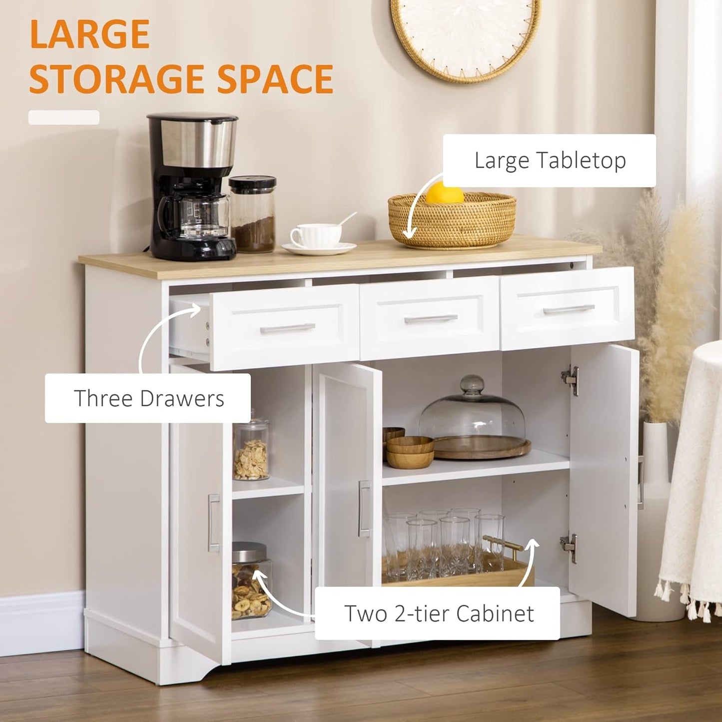 Sideboard Buffet Cabinet With 3 Storage Drawers And Adjustable Shelf