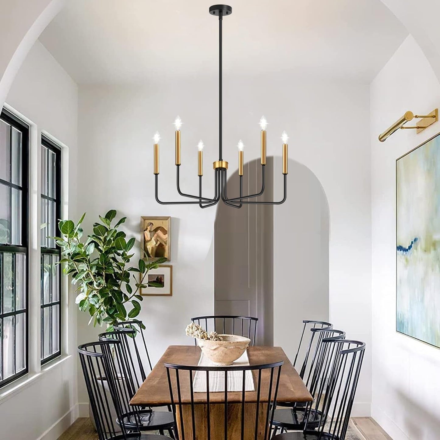 Black And Gold Six Light Farmhouse Chandelier For Dining Room